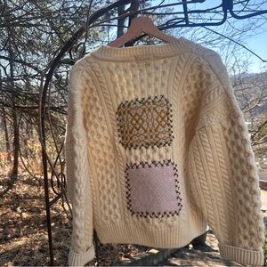 Vintage Cable Knit Button-Front Cardigan in Cream with weavings on back